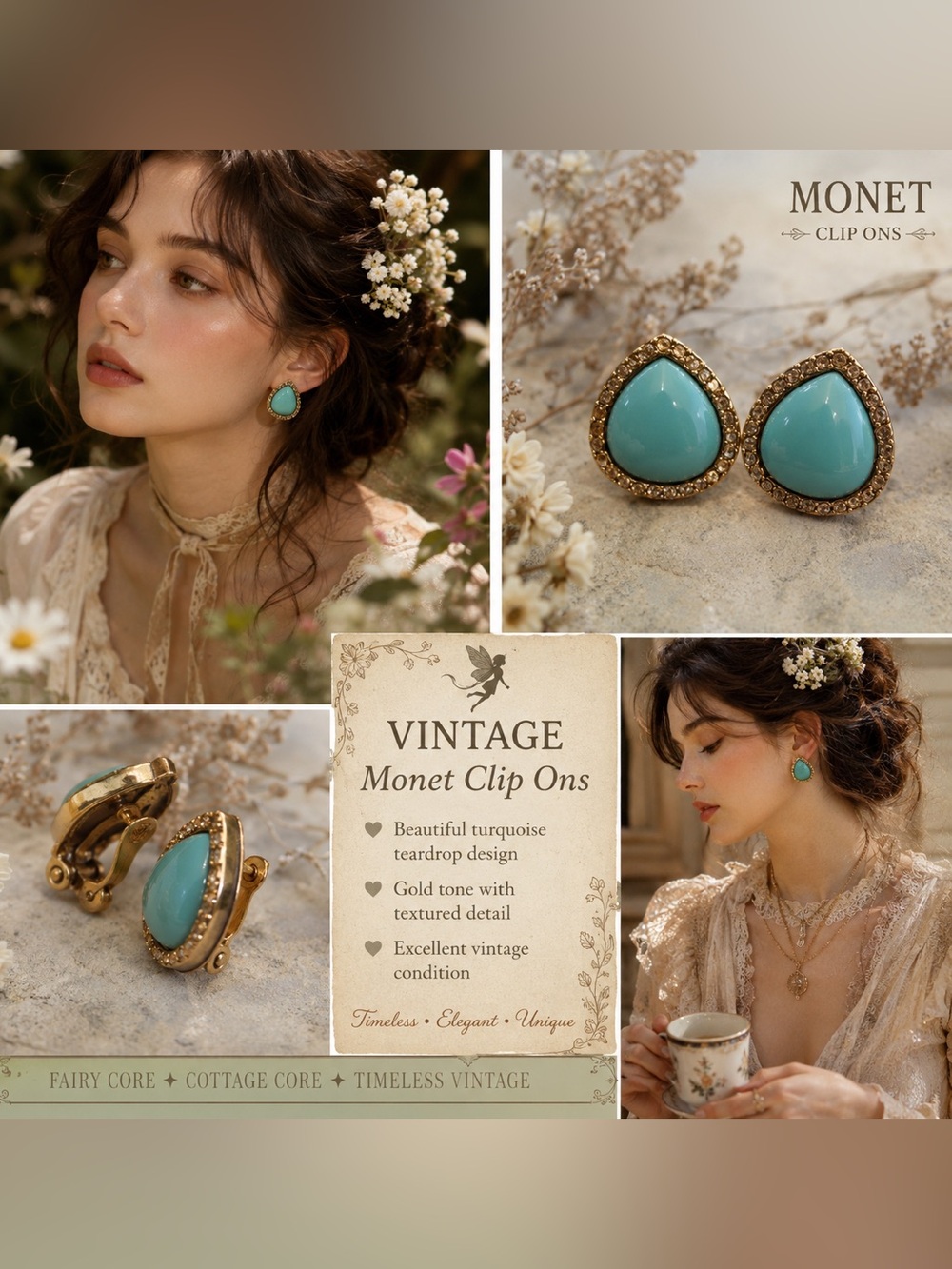 Vintage Monet Turquoise Teardrop Clip-On Earrings | Gold Tone
